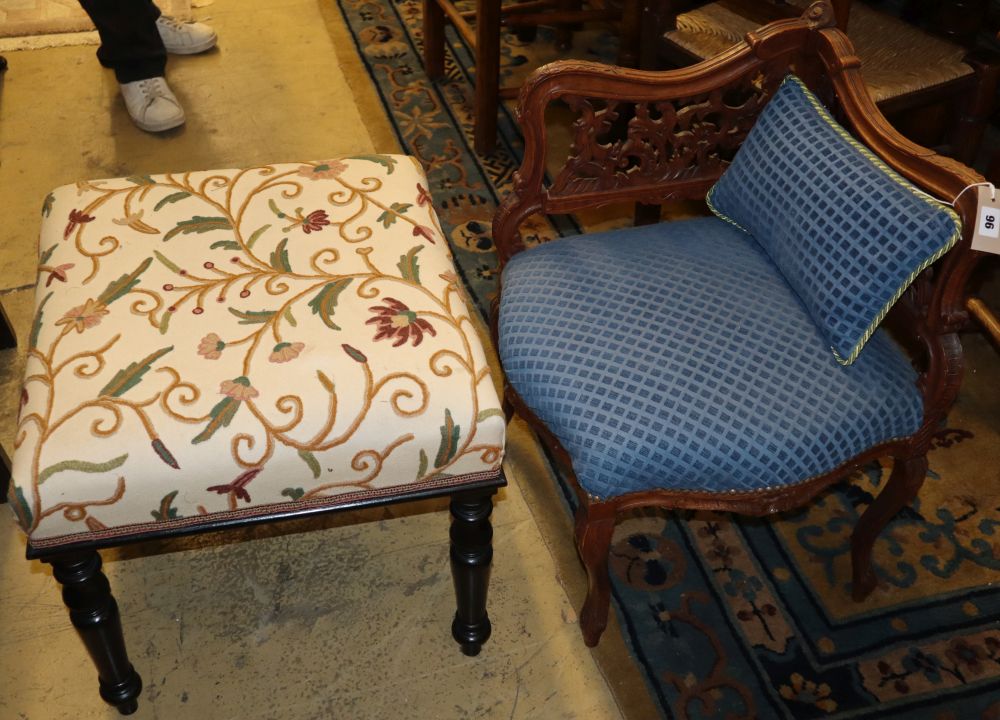 A late Victorian walnut corner seat together with a Victorian ebonised dressing stool